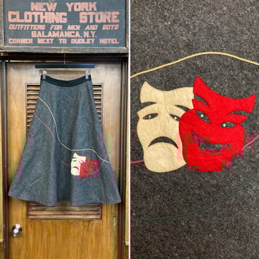 Vintage 1950’s Drama Mask Happy Sad Two Face Felt Appliqué Original Rockabilly Circle Skirt, Mask, 1950s, Circle Skirt, Rockabilly, Appliqué 