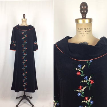 Vintage 60s dress | Vintage embroidered black velvet dress | 1960s floral long dress 
