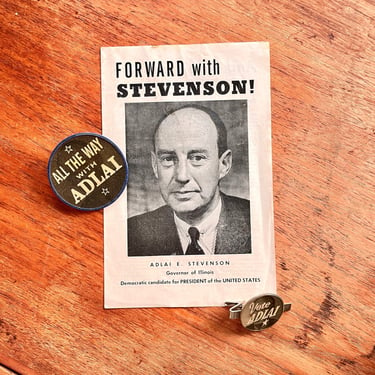 Vintage 1950s Political Adlai E Stevenson Forward Campaign Slogan governor Illinois Pins Pamphlet Republican Platform 1952 