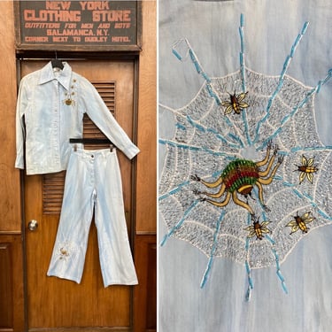Vintage 1960’s Spider Web Roncelli Style Cotton Denim Two Piece Outfit Mod Jacket Flare Jeans, Jacket, Jeans, 1960s, 2 Piece, Matching Set, 
