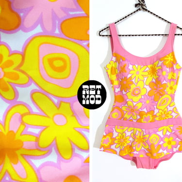 SUPER CUTE Vintage 60s Light Pink & Yellow Flower Power Mod Swimsuit 