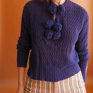 Vintage 40s 50s Pom Pom Sweater/ 1940s 1950s Navy Blue Knit Pullover/ Size Medium Large 