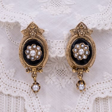 Victorian Revival Pearl & Onyx Earrings c1930