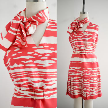1960s Coral and Cream Animal Print Silk Drop Waist Dress, Belt, and Scarf 