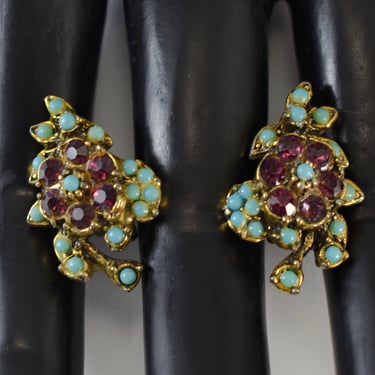 50's Hollywood Regency antique gold plate faux turquoise amethyst floral screw backs, ornate rhinestone lucite bling earrings 