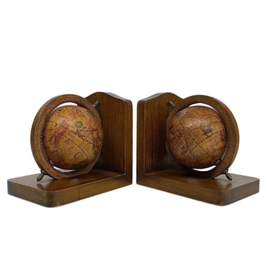 Vintage Olde World Globe Bookends Retro 1970s Mission Craftsman + Made in Italy + Set of 2 + Wood and Metal + Rotating + MCM Book Storage 