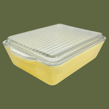 Vintage Pyrex Covered Dish Retro 1960s Mid Century Modern + Pale Yellow + Ceramic Casserole + Glass Top + Refrigerator + Kitchen + 
