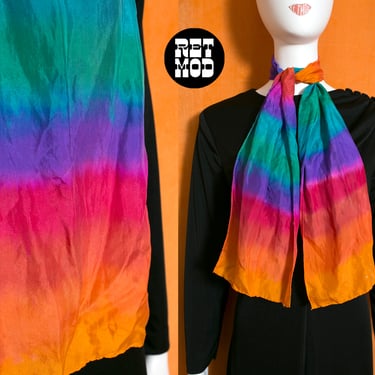 Just Lovely, Artist Signed, Vintage 70s 80s Rainbow Ombre Long Silk Scarf 