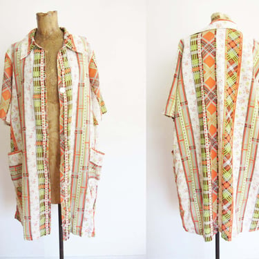 Vintage 60s Cotton House Dress Duster Robe - 1960s Orange Avocado Green Plaid Stripe Collared Button Up Casual Coat 