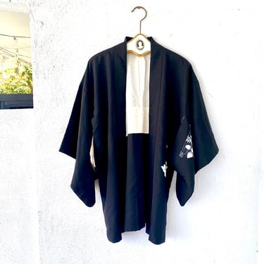 Vintage Japanese Black Floral Kimono Cardigan Top Oversized Asian Robe Open Concept Shirt 