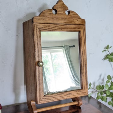 Vintage Oak Wood Medicine Cabinet Mirror with Towel Rack 