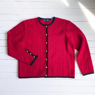 red wool sweater 90s vintage Karen Scott wool cardigan 