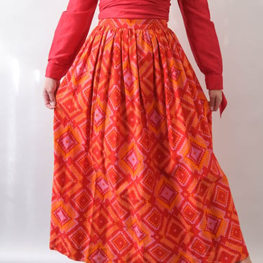 Vintage 70s Blood Orange Geometric Southwestern Aztec Print Handmade Midi Skirt | Bohemian, Hippie, Prairie | 1970s Artisan Boho Midi Skirt 