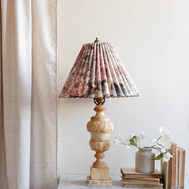 midcentury Italian alabaster lamp with bespoke box pleat jacquard shade