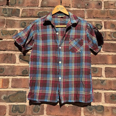 Vintage 1940s 1950s Plaid Linen Cotton Loop Collar Buttondowm Shirt True XS Small by TimeBa