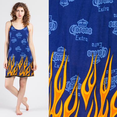90s Corona Extra Beer Mini Dress - Large | Vintage Blue Flames Spaghetti Strap Dress 