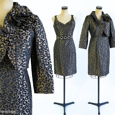 1990s Leopard Dress & Jacket Set | 90s Animal Print Dress and Bolero Set | Vickie Freeman | Medium 