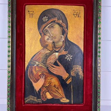 Vintage Russian Icon Original Painting on Wood Mother of God Pochaevskaya Signed 