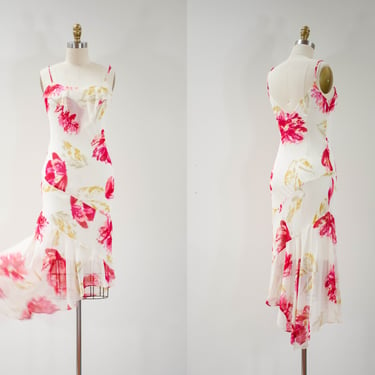 silk bias cut dress | 90s y2k vintage ivory white pink red floral silk chiffon asymmetrical kerchief hem spaghetti strap dress 
