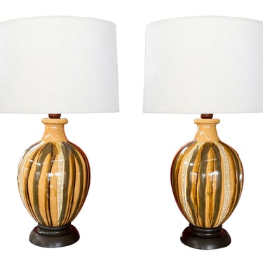 PAIR~ Mid Century Modern~ Green/Orand/gold Drip Glaze Ceramic Lamps~MCM
