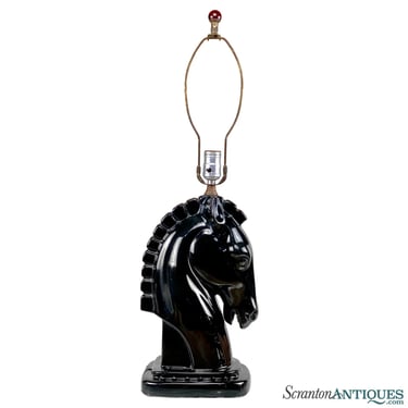 Mid-Century Art Deco Black Porcelain Horse Head Table Lamp
