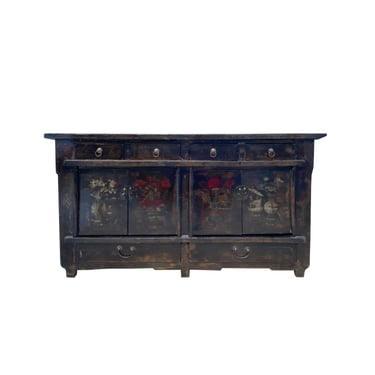 Oriental Vintage Distressed Flower Black TV Console Sideboard Cabinet cs7516E 