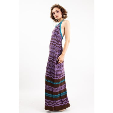 Vintage Giorgio Sant Angelo knit halter maxi dress / 1970s Ikat pattern jacquard knit / M 