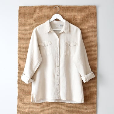 vintage linen button down shirt, 90s relaxed natural blouse 