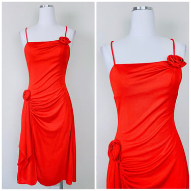 1970s Vintage New Leaf Red Rosette Disco Dress / 70s / Seventies Gathered Grecian Knit Tank Dress / Size Small 