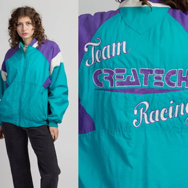 90s Team Createch Racing Jacket - Men's Medium, 40-42 | Vintage Unisex Teal Embroidered Color Block Zip Up Windbreaker 