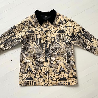 1980s Geoffrey Beene Quilted Art Print Jacket – Velvet Collar Graphic Coat, S/M Vintage 
