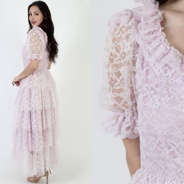 Vintage 70s Sheer Floral Lace Dress Violet Prairie Ruffle Tiered Saloon Gown Maxi Gown 