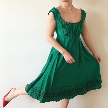vintage silk dress green floral dress embroidered midi dress peasant dress 90s retro style Y2K sun dress minimalist capsule wardrobe size S 