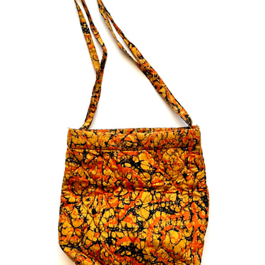 Vintage 60s 70s Hippie Bag Quilted Shoulder Purse Orange Tie Dye Batik Tote 