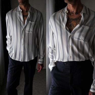 SANDRO PARIS Ivory & Navy Blue Striped Flowing Draped Button Up Long Sleeve Shirt | 100% Rayon | SANDRO Designer Mens Spring/Summer Shirt 