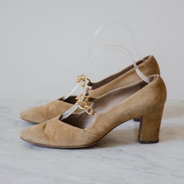 tan suede heels | 60s 70s vintage Mikelos light brown leather high heel chain strap pumps size 7.5-8 
