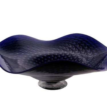 Contemporary Modern Ron Mynatt Cobalt Fluted Signed Art Glass Bowl 