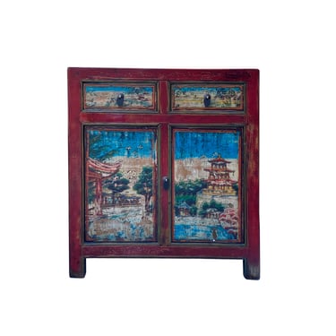 Chinese Distressed Red Blue Old Scenery Graphic Credenza Cabinet cs7393E 