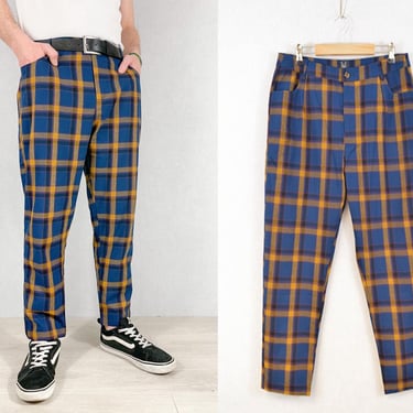 Men's Tartan Trousers Check Sta Press Style Chino - 60s Mod - Navy Blue 