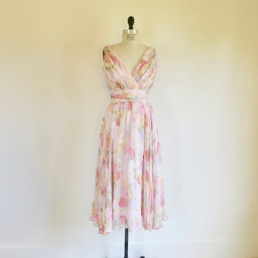 Vintage 1950's Style Pink Floral Silk Chiffon Fit and Flare Dress Ruching Full Skirt Garden Party Ralph Lauren 27.5