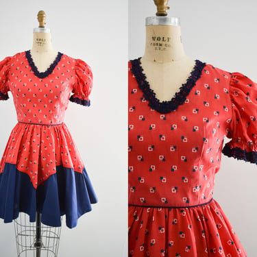 1970s Red and Navy Square Dance Dress 