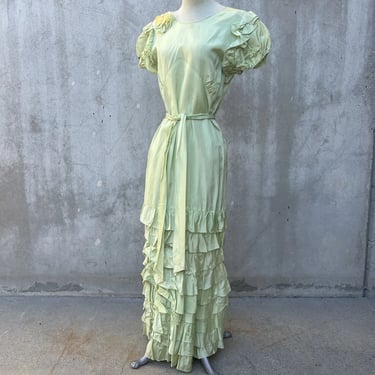 Vintage 1930s Green Maxi Dress Short Puff Sleeves Ruffles Flower Net Belt