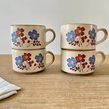 Vintage JMP Casualstone Floral Stoneware Soup Mugs - Hand Painted Decorated Brown and Blue Flowers - Floral Coffee Mugs 