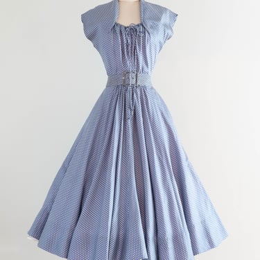 Rare Early 1950's New Look Era Blue Silk Polka Dot Dress Designed By Jacques Fath for Joseph Halpert / Small