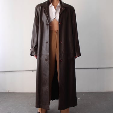 Vintage Glossy Chocolate Leather Coat
