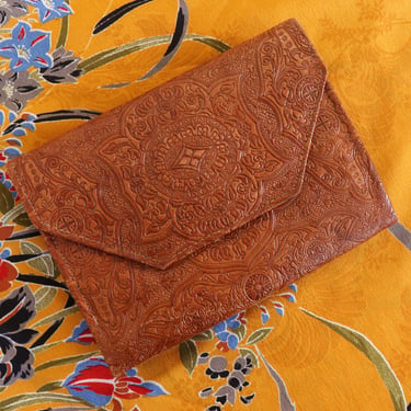 1940s Cognac Tooled Envelope Clutch