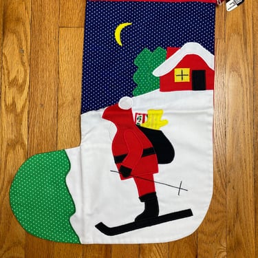 Handmade in Scotland Holiday Christmas stockings large modern look 70’s 80’s quilt style sewing craft primary colorful assortm Santa skiing 