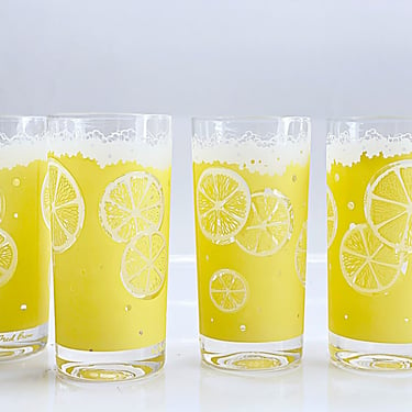 Vintage summer glassware 4 Fred Press highball cocktail glasses Lemon Fizz Lemonade or Iced Tea tumblers Mid Century Mod barware 