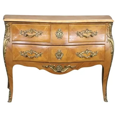 Fine Pale Walnut French Louis XV bronze Mounted Marble Top 3 Drawer Commode