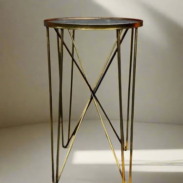 Glass Round Top Gold Base Side  Art Deco Table w/Hairpin Metal Legs JG264-8